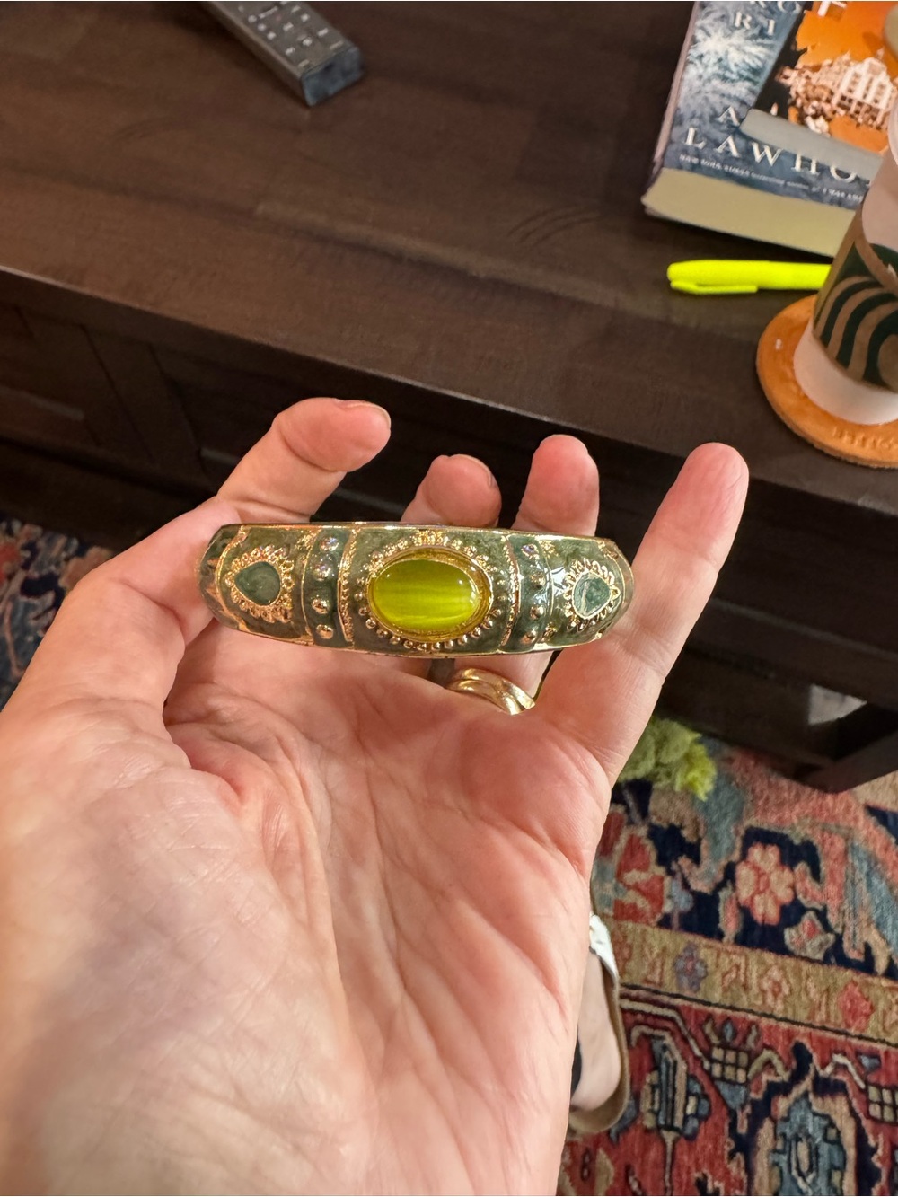 Vintage Jiu Long Sing Bangle Bracelet with Olive Green Cabochon